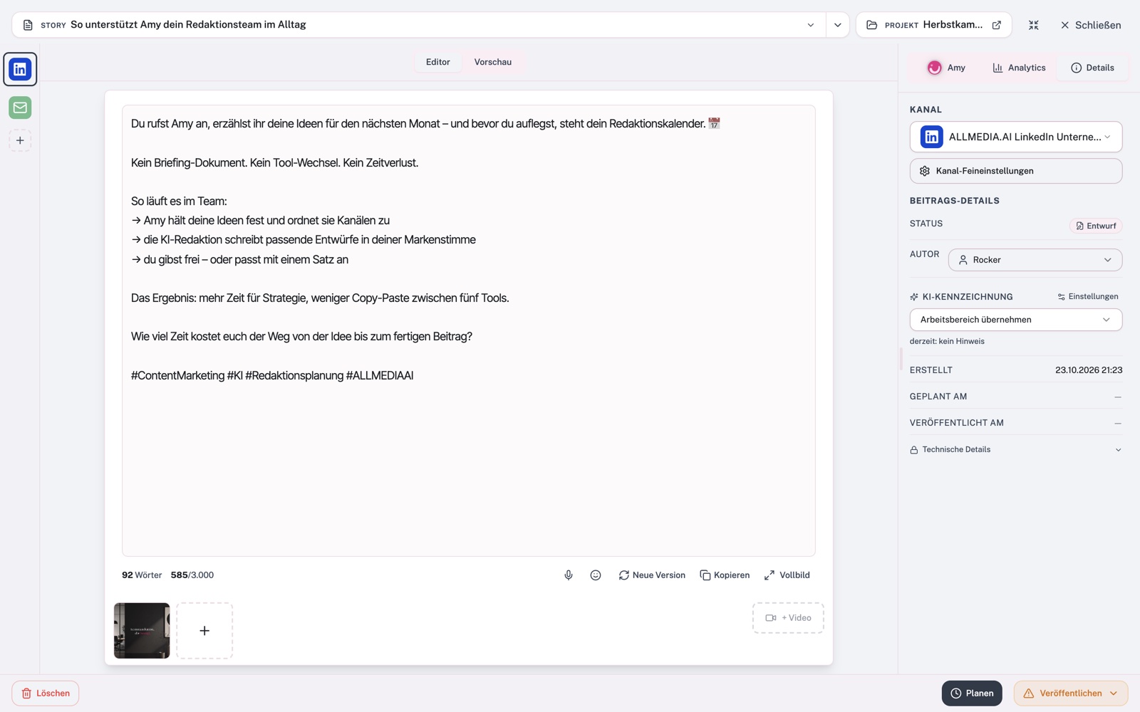 Beitrags-Editor mit LinkedIn-Entwurf, Bild und Kanaldetails